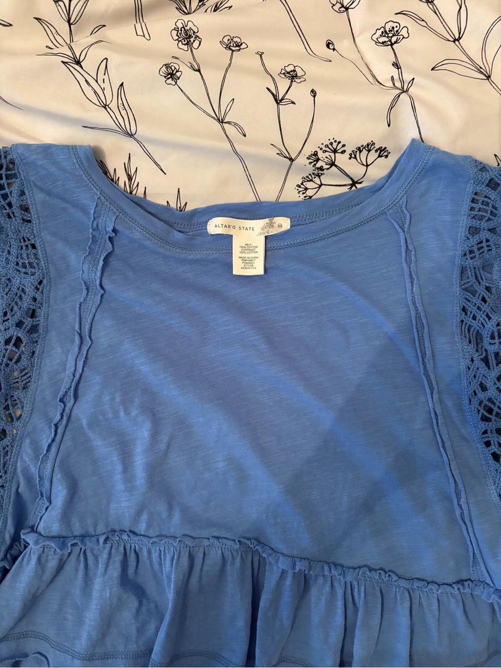 Altar'd State Sky Blue Crochet Sleeve Peplum Tunic